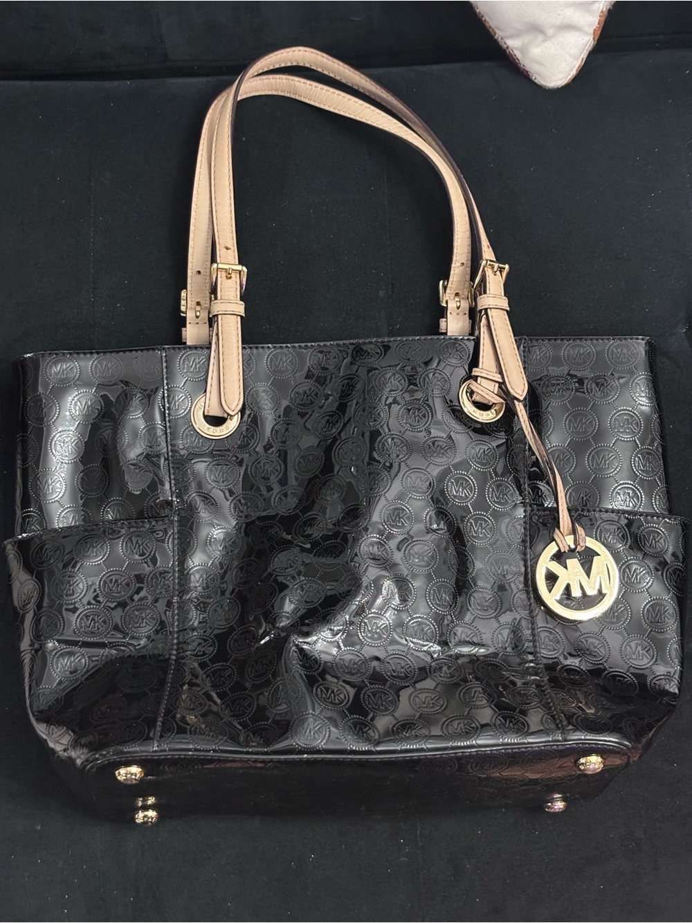 Michael Kors Black Patent Tote with Beige Straps and Gold Charm